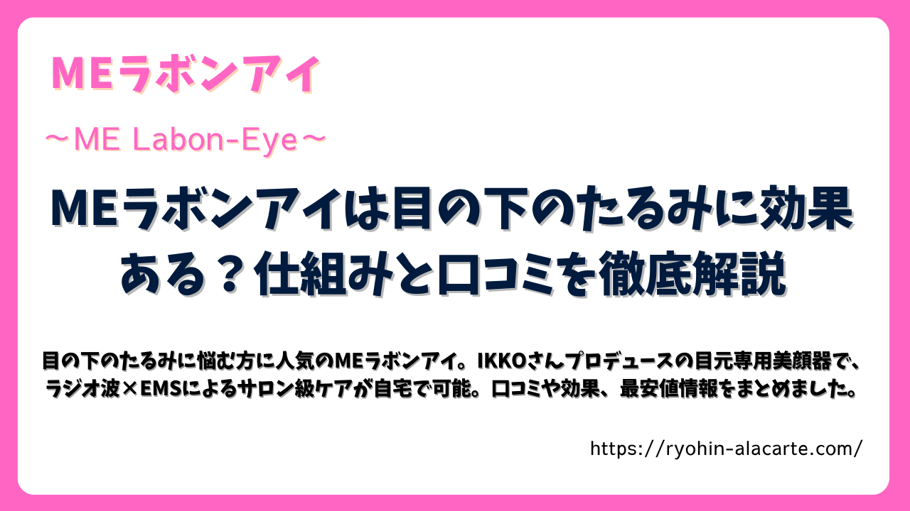 目の下のたるみに悩む人向けに「MEラボンアイ」の効果や口コミ、仕組みを解説する記事のサムネイル画像
