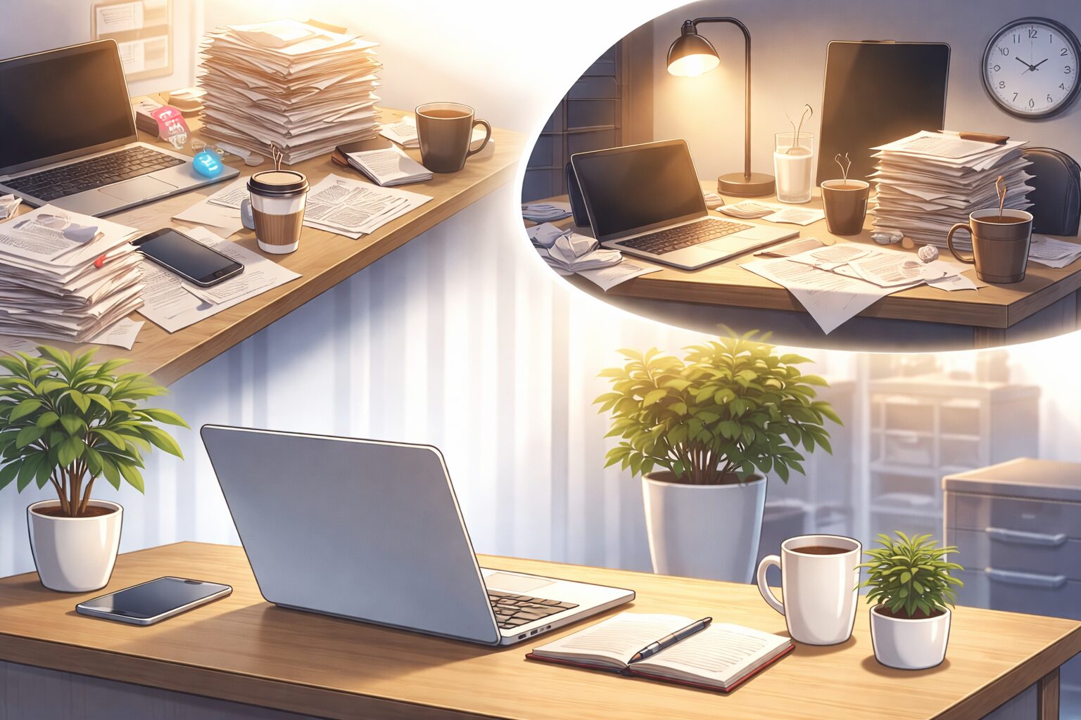 整理された作業環境と散らかったデスクのイラスト画像