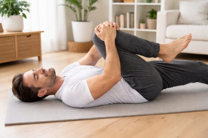 ヨガマットでストレッチする男性の画像